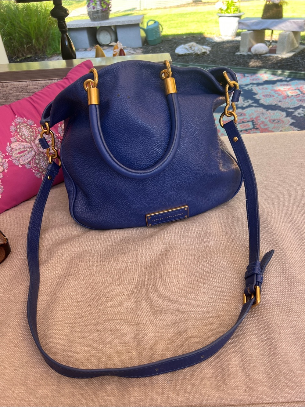 Navy Leather Shoulder Bag with Gold Hardware